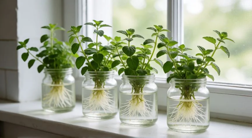 como sembrar orégano sin semilla, Estacas de orégano enraizando en vasos con agua cerca de una ventana