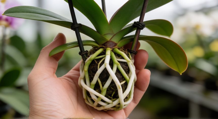 como sembrar orquideas, Manos mostrando las raíces de una orquídea Phalaenopsis antes de la siembra