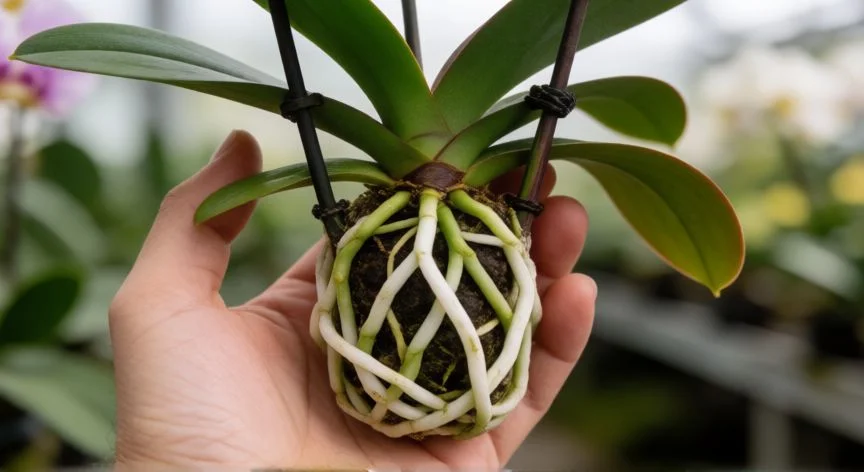 Manos mostrando las raíces de una orquídea Phalaenopsis antes de la siembra