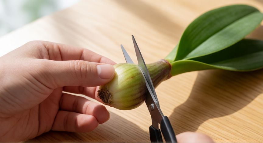 como sembrar orquídeas en casa, Corte de sangría de orquídea con herramientas desinfectadas