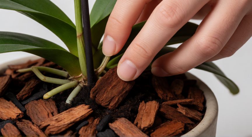 como sembrar orquideas en macetas, Mano colocando orquídea en sustrato de corteza de pino y carbón