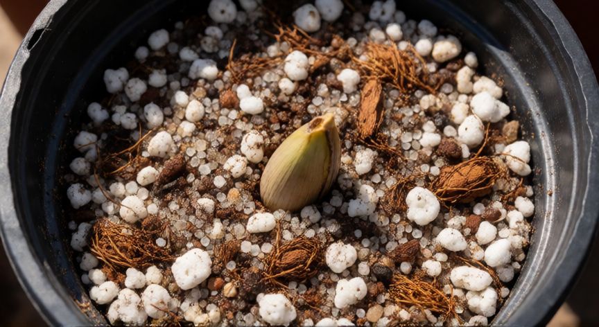 como sembrar palmeras washingtonia, Maceta con sustrato drenante de perlita y arena listo para la siembra de la semilla de palmera