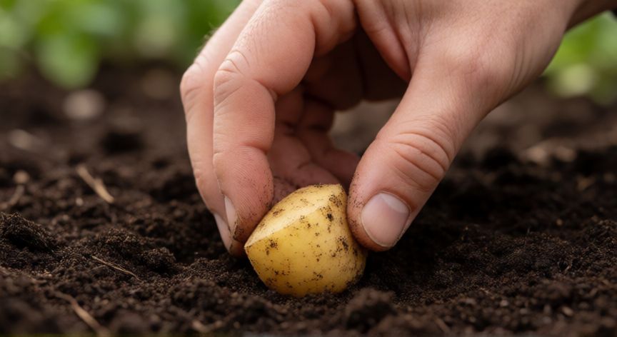 como sembrar patatas, Mano plantando una patata semilla en tierra negra