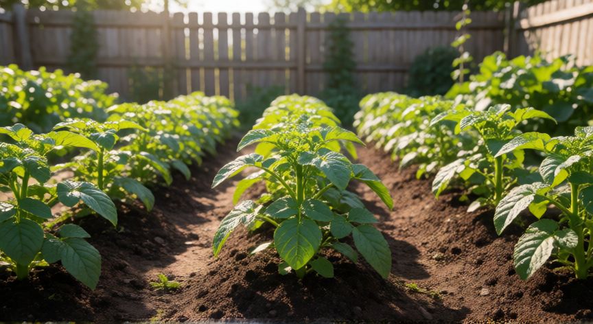como sembrar patatas, Hileras de plantas de patatas jóvenes en un huerto soleado