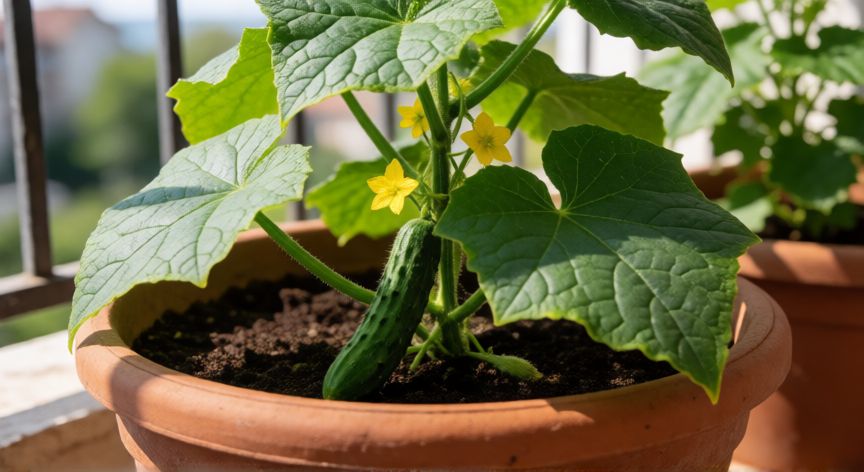 como sembrar pepinos en casa, Planta de pepino saludable en maceta de terracota en un balcón soleado