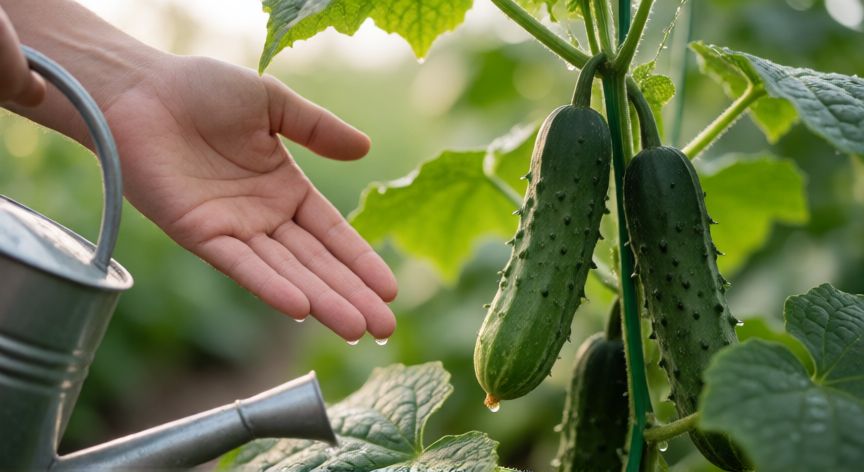 como sembrar pepinos en casa, Regando una planta de pepino con frutos colgando de un tutor vertical