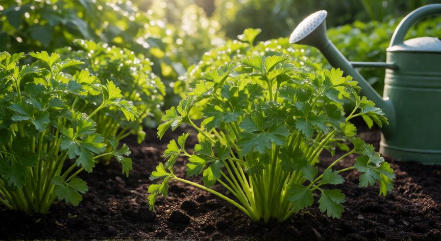 como sembrar perejil, Plántulas de perejil sanas y frondosas en un huerto de jardín