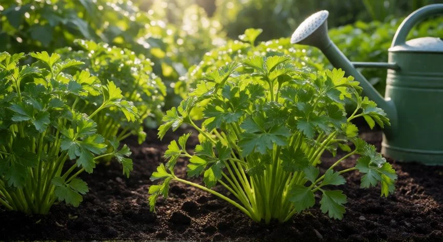 como sembrar perejil, Plántulas de perejil sanas y frondosas en un huerto de jardín