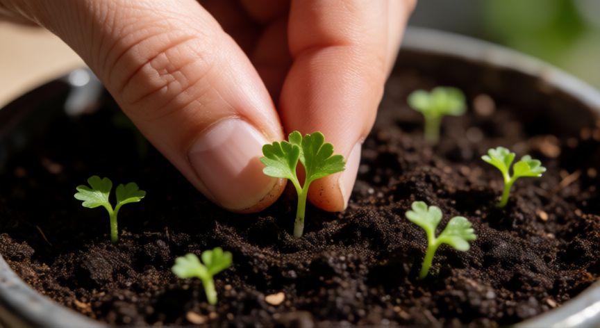 como sembrar perejil con semilla, Manos plantando semillas de perejil en tierra húmeda