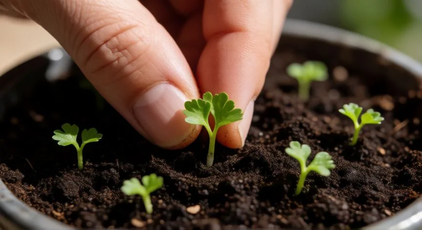 Manos plantando semillas de perejil en tierra húmeda