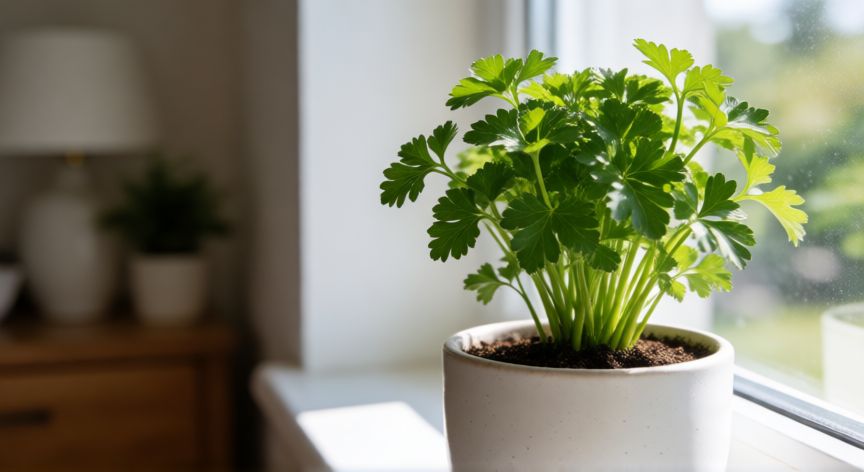 como sembrar perejil con semilla, Planta de perejil joven en maceta junto a una ventana