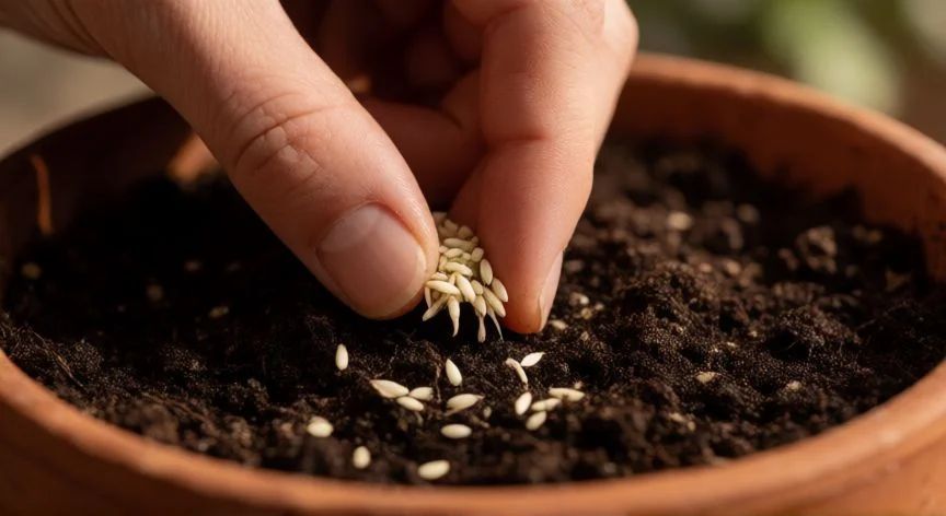 Manos plantando semillas de perejil en una maceta de terracota con sustrato oscuro