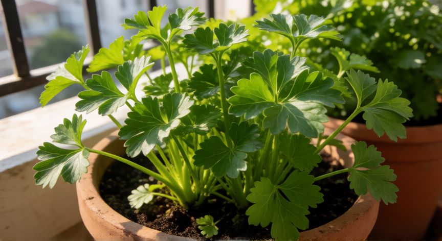 como sembrar perejil en maceta, Plantas de perejil sanas y verdes creciendo en una maceta al sol en una terraza