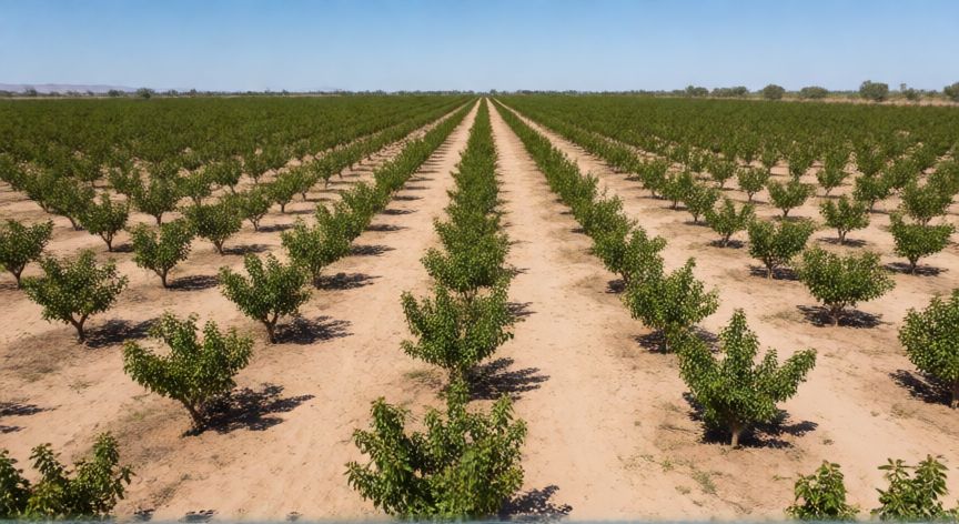 como sembrar pistachos, Orquela joven de pistachos con suelo arenoso bajo el sol