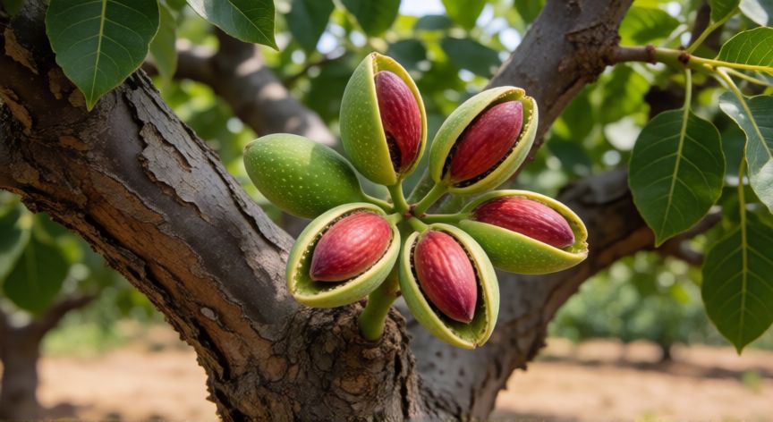 como sembrar pistachos, Pistacho maduro abierto mostrando el fruto rojo dentro de la concha
