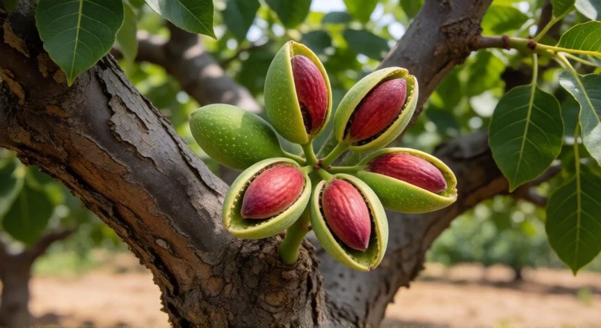 como sembrar pistachos, Pistacho maduro abierto mostrando el fruto rojo dentro de la concha
