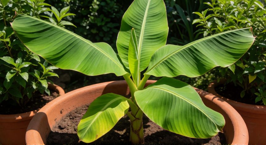 como sembrar platanos, Joven platanera cultivada en maceta con hojas verdes y frondosas