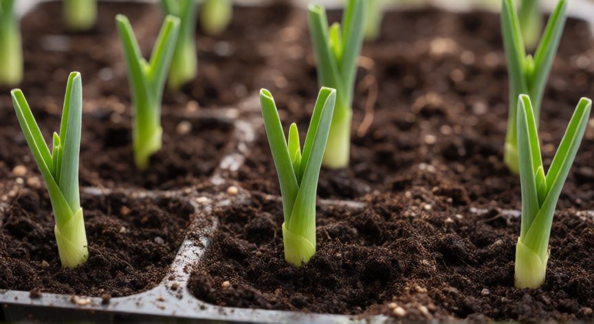 como sembrar puerros, Semillero de puerros con plántulas jóvenes germinando en sustrato húmedo