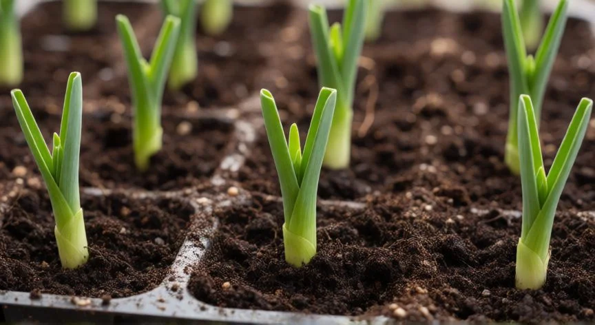 Semillero de puerros con plántulas jóvenes germinando en sustrato húmedo
