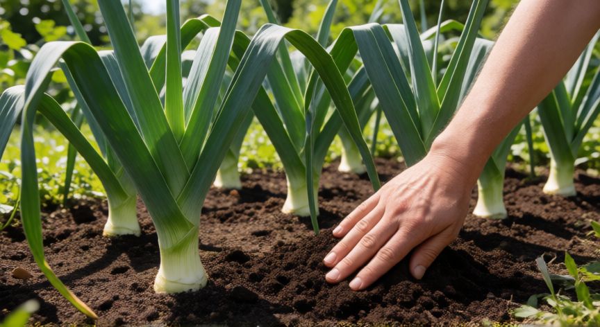 como sembrar puerros, Jardinería de puerros en el huerto siendo encalados con tierra para blanquear el tallo