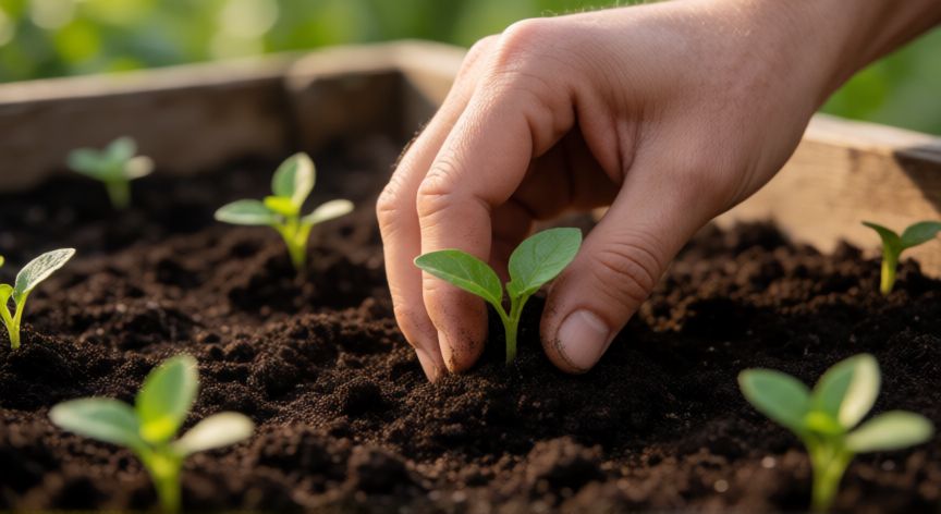 como sembrar quelites, Manos plantando semillas de quelites en tierra fértil