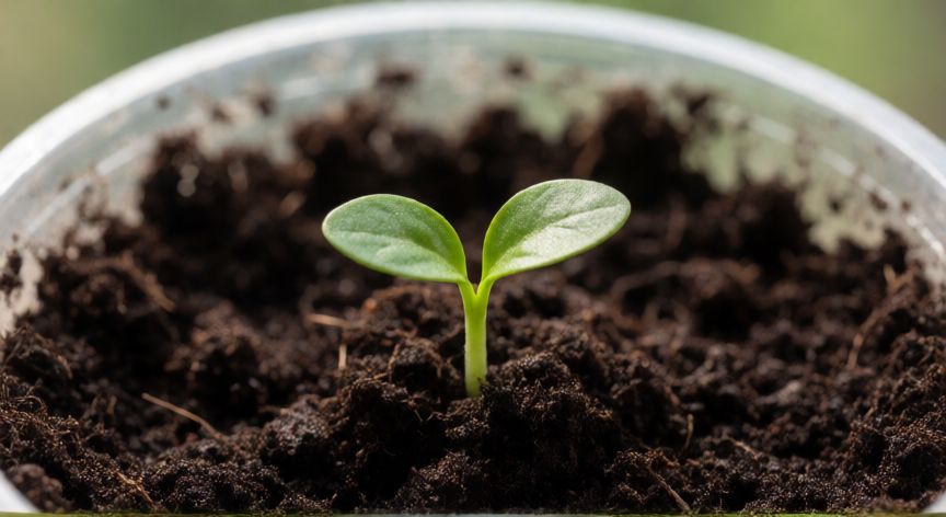 como sembrar quenepas, Brote joven de quieñepas germinando en maceta con sustrato húmedo