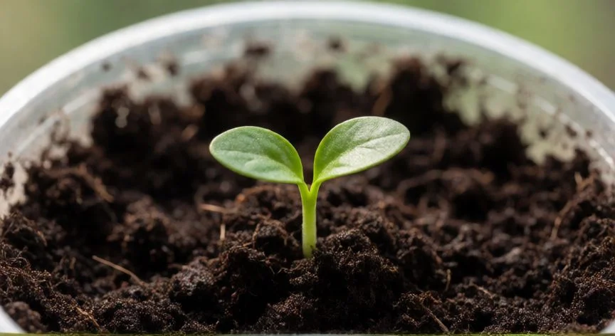 Brote joven de quieñepas germinando en maceta con sustrato húmedo