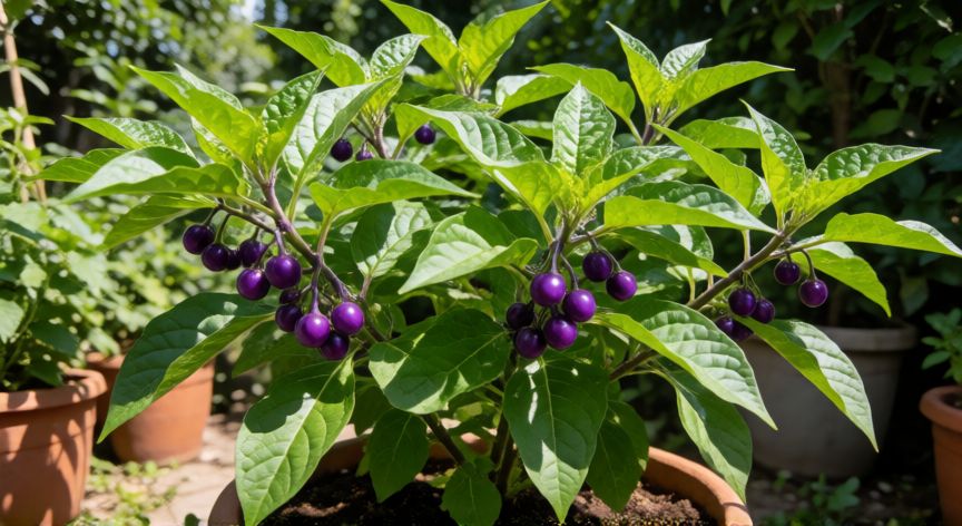 como sembrar quenepas, Planta de quieñepas madura con bayas moradas en maceta al aire libre
