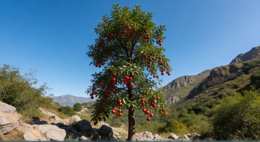como sembrar quillay, Árbol de quillay fructificado en paisaje de montaña soleado