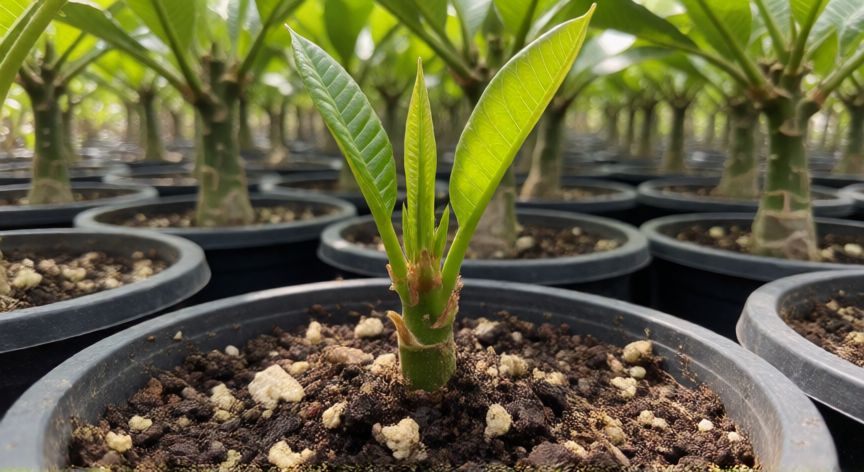 como sembrar quimbombo, Joven planta de quimbombo en maceta mostrando nuevos brotes verdes