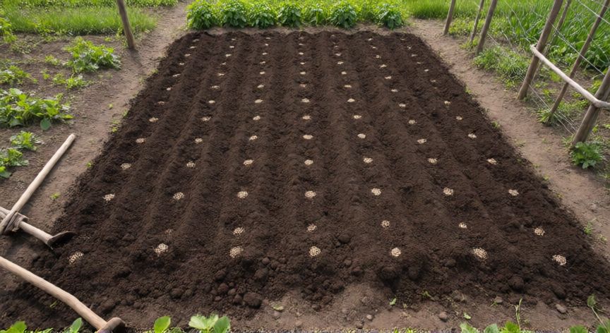 como sembrar quinoa, Siembra de semillas de quinua en un huerto con suelo preparado y bien drenado