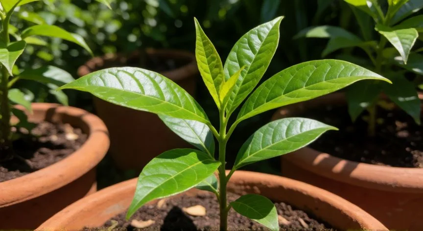 como sembrar quinoto, Plántula joven de quinoto creciendo en una maceta de terracota