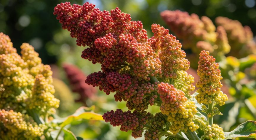 como sembrar quinua en casa, Planta de quinua madura con espigas de granos rojos y amarillos