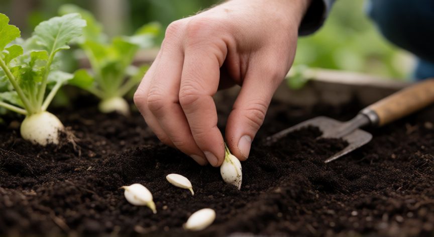 como sembrar rabanitos, Manos sembrando semillas de rabanito en tierra fertilizada