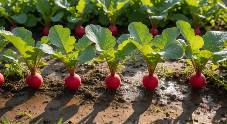 como sembrar rabanitos, Plantes jovenes de rabanito rojo en un huerto urbano