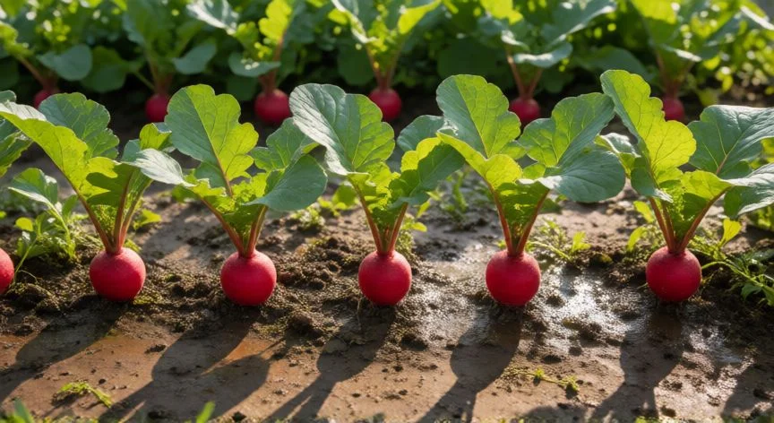como sembrar rabanitos, Plantes jovenes de rabanito rojo en un huerto urbano
