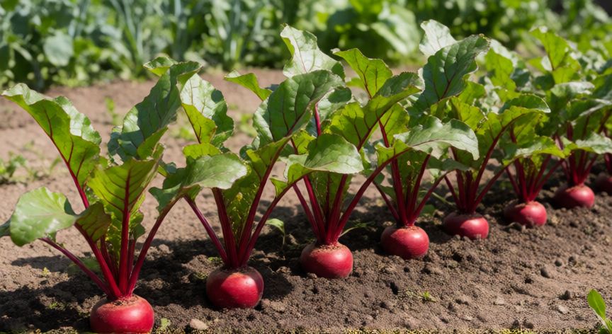 como sembrar remolacha, Plántulas jóvenes de remolacha creciendo en una hortaliza con raíces rojas incipientes