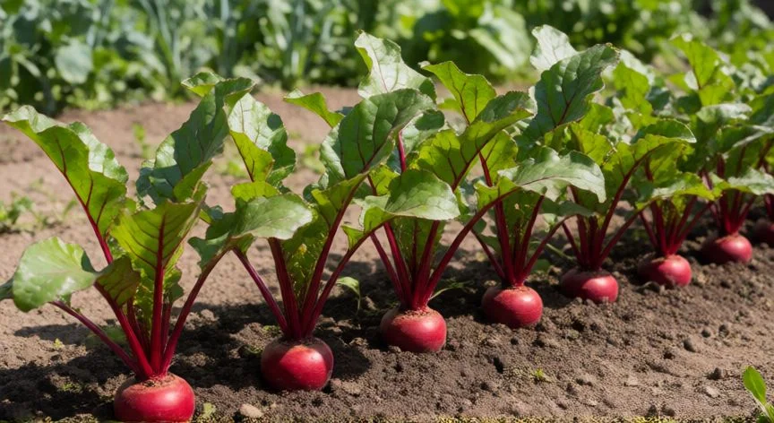 como sembrar remolacha, Plántulas jóvenes de remolacha creciendo en una hortaliza con raíces rojas incipientes