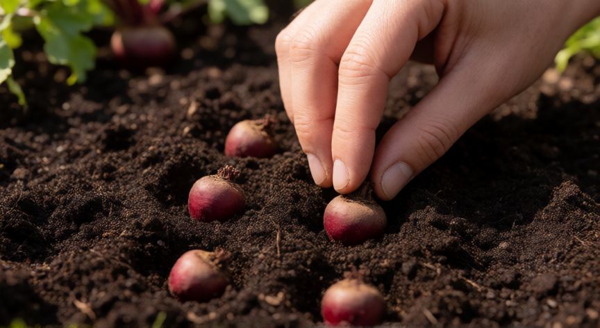 como sembrar remolacha en huerto, Manos plantando semillas de remolacha en tierra negra preparada en un huerto