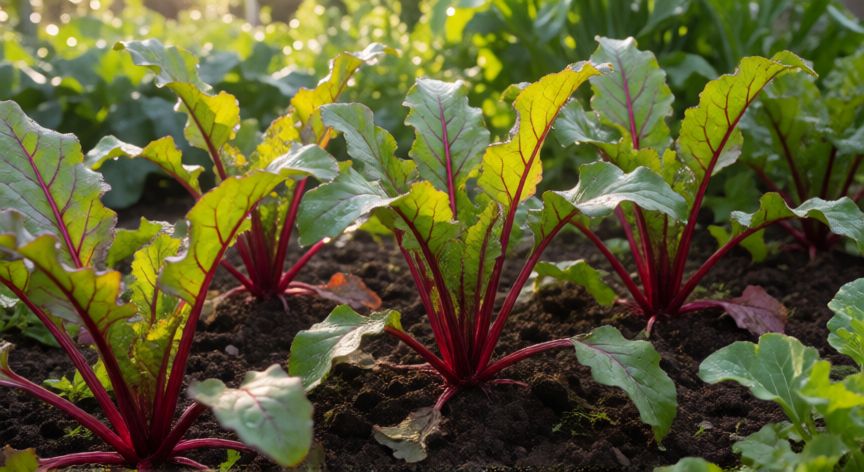 como sembrar remolacha en huerto, Plantas jóvenes de remolacha con hojas rojas y verdes creciendo en un huerto soleado