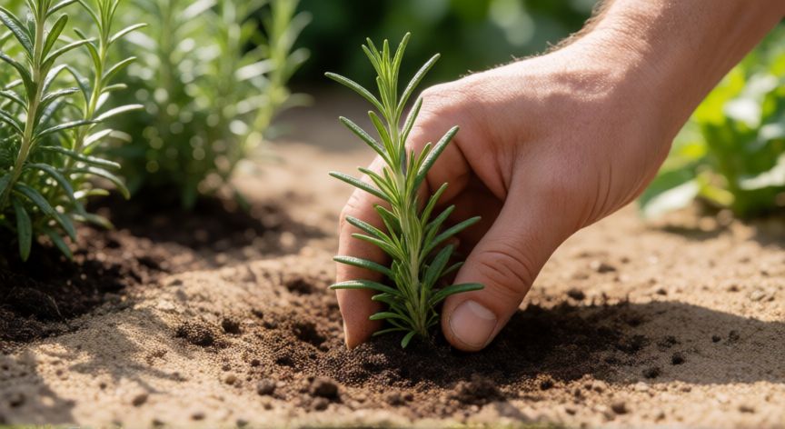 como sembrar romero, Manos plantando una semilla de romero en tierra arenosa y bien drenada bajo el sol