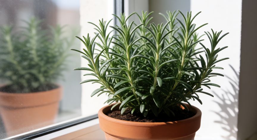 como sembrar romero, Planta de romero sana en maceta de terracota con follaje gris-verdoso cerca de una ventana soleada