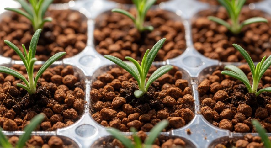 como sembrar romero con semillas, Brote de romero germinando en sustrato ligero