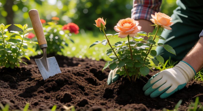 como sembrar rosales, Jardinero plantando un rosal en suelo fértil durante el día