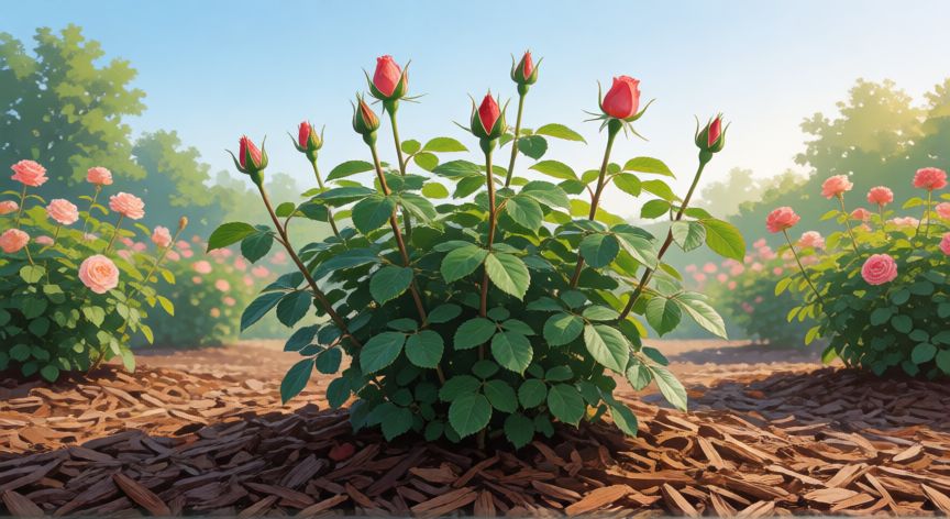 como sembrar rosales, Rosal sano con botones florales y capa de mulch orgánico en el jardín