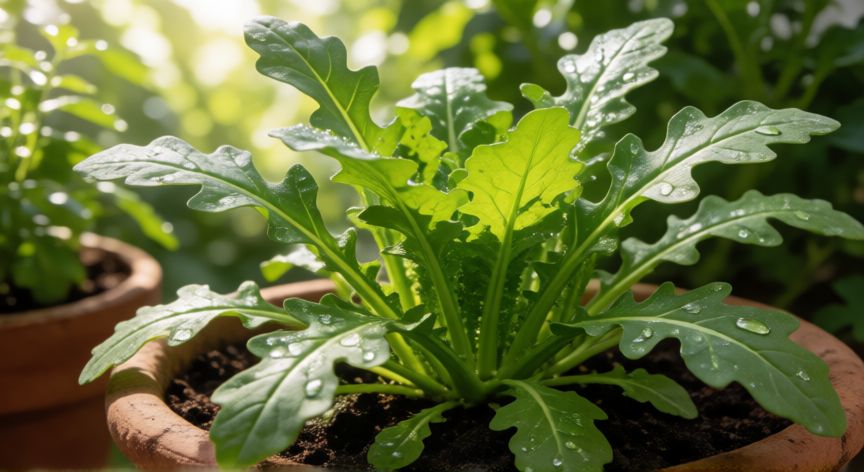como sembrar rucula, Planta de rúcula con gotas de agua en las hojas tras el riego