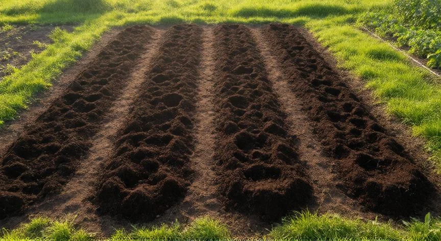 Preparación de la tierra con compost para sembrar sandía en campo abierto