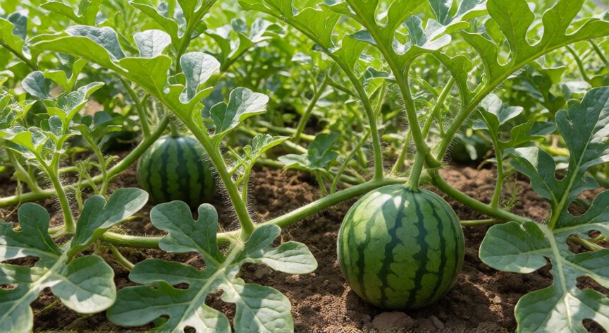 como sembrar sandía en terreno abierto, Plantas de sandía creciendo en terreno abierto con frutos pequeños formando