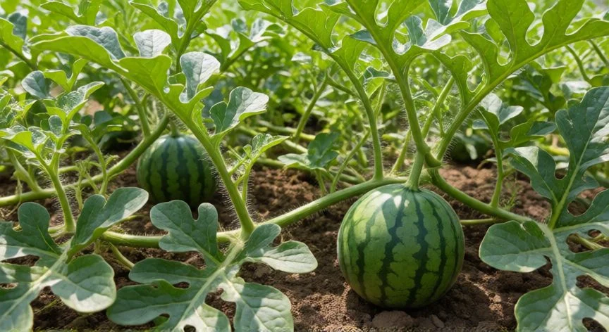 como sembrar sandía en terreno abierto, Plantas de sandía creciendo en terreno abierto con frutos pequeños formando