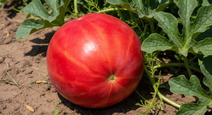 como sembrar sandias, Sandía madura roja junto a vides verdes en el huerto